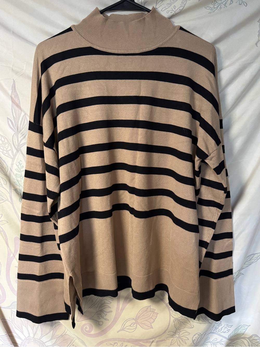 Beige and Black Striped Turtleneck Sweater